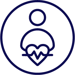 Navy blue icon of a person with a heart and a stethoscope inside a circle on a white background